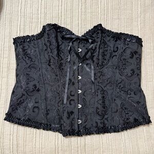Strapless Tie Front Satin Printed Black Corset Top